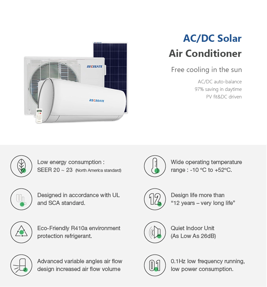 9000BTU Split Tpye Wall Mounted Solar Air Conditioner with R410 R32